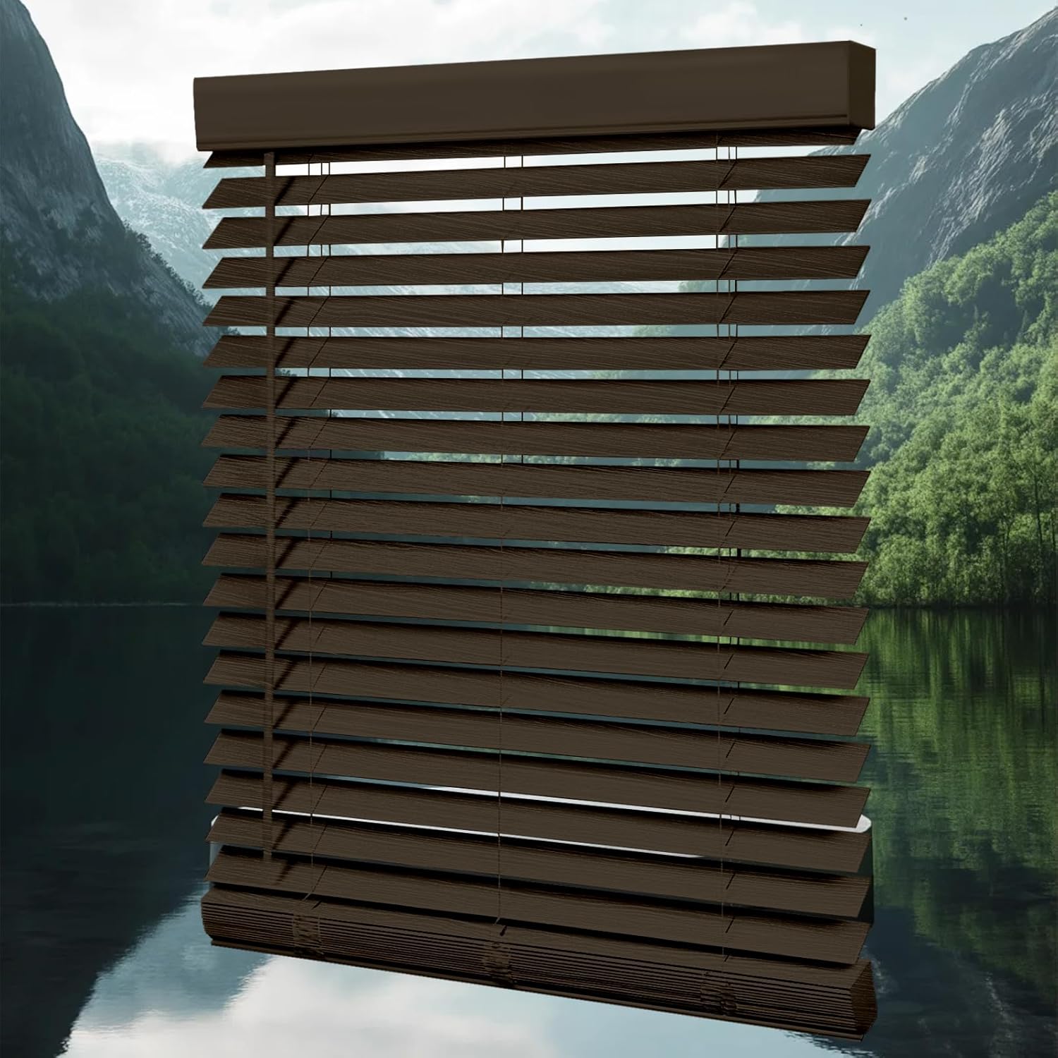 Faux Wood Blinds for Indoor Windows,Cordless 2 Inch Slats Faux Wood Blinds,Privacy Wooden Horizontal Window Shades for Bedroom,Easy to Install,Walnut,16" W × 66" H