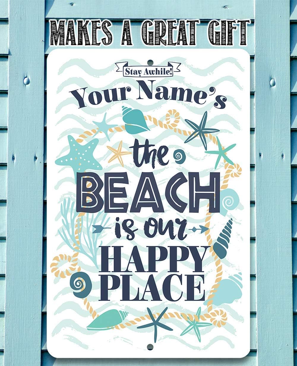 Personalized - The Beach is Our Happy Place - Custom Beach House Decor, Sea Shells Front Beach Display, Surf Camp Wall Accessories and Gift Idea, 8x12 or 12x18 Indoor or Outdoor Durable Metal Sign