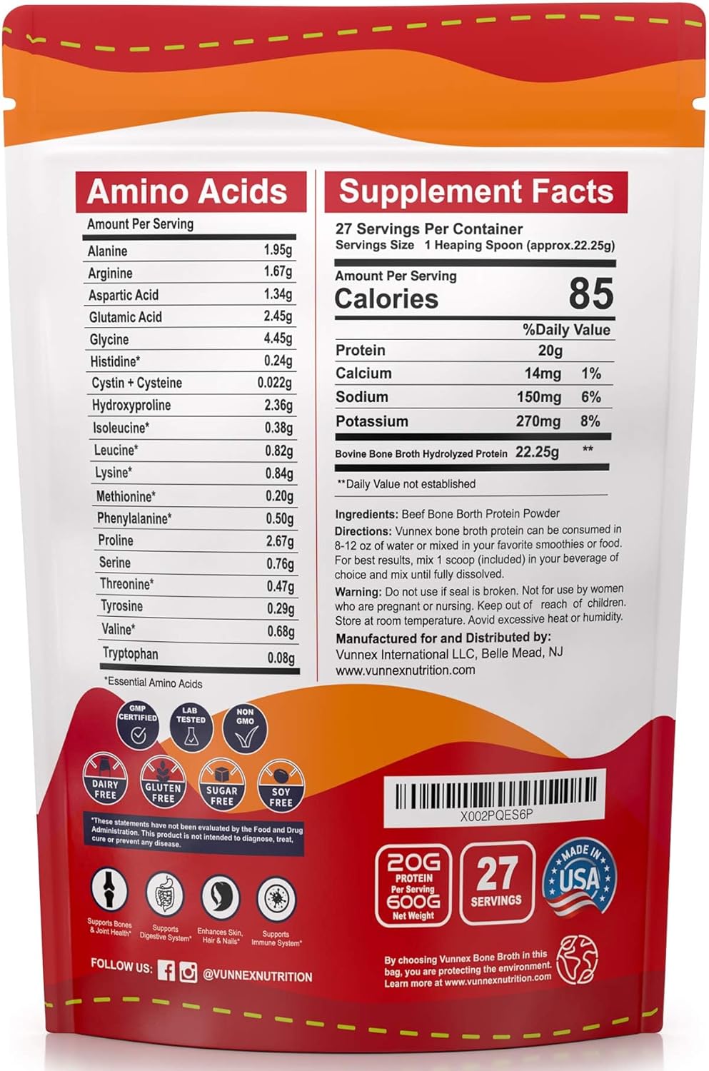 Unflavored Bone Broth Protein Powder for Gut Health & Joint Support, Grass-Fed, Pasture-Raised, 20g Beef Protein per Serving, Hydrolyzed Instant Bone Broth Collagen, Mixes Easily, 1.32lb