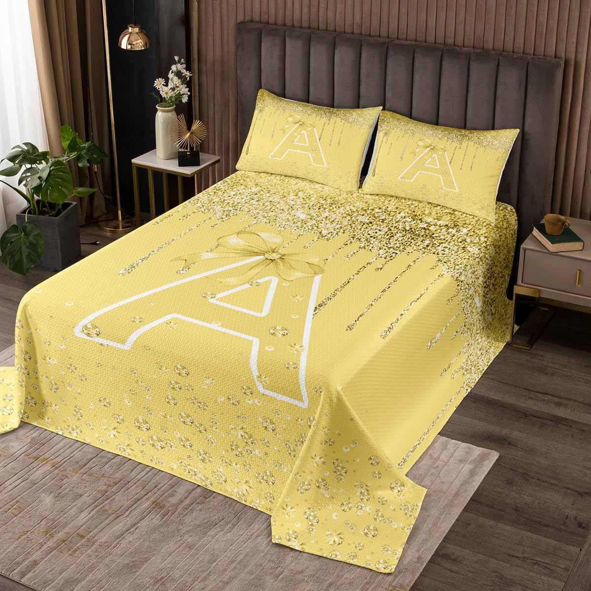 jejeloiu Bow Bedspread,King Size,Personalized Letter A Coverlet Set for Kids Boys Girls,Glitter Diamond Pattern Quilted Coverlet,Monogrammed Bedspread Cover,Bedroom Decor,Yellow