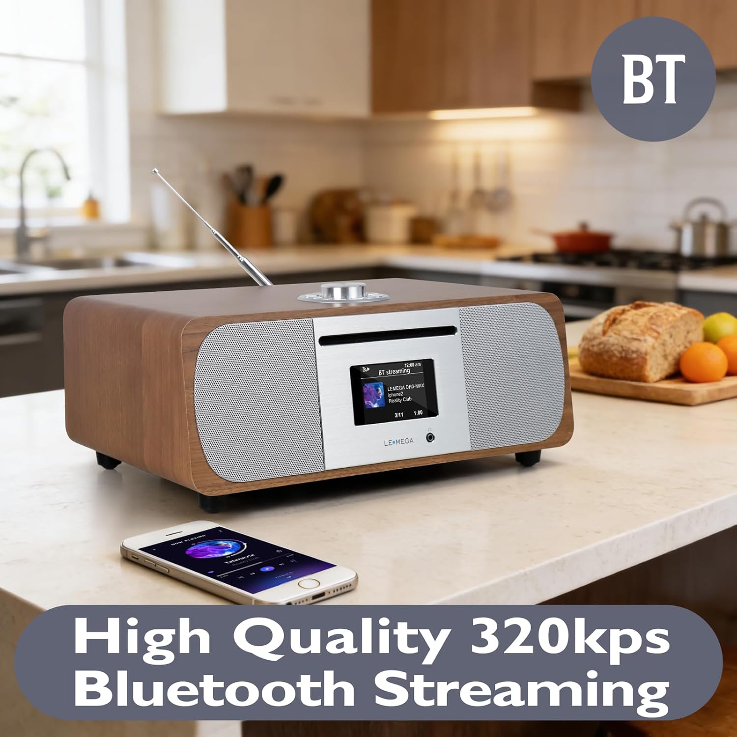 LEMEGA M6P CD Player with FM Radio, Bluetooth Streaming, 150W Stereo HiFi System with Internal Subwoofer, 2.8" Colour Display, Presets, Remote, Acoustic Wooden Cabinet (Walnut)