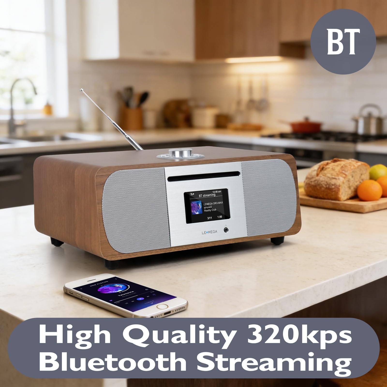 LEMEGA M6P CD-Player mit DAB/DAB+ & FM-Radio, Bluetooth-Streaming, 150W Stereo-HiFi-System mit internem Subwoofer, 2,8" Farbdisplay, 40 Speicherplätze, Fernbedienung, Akustisches Holzgehäuse,Walnuss