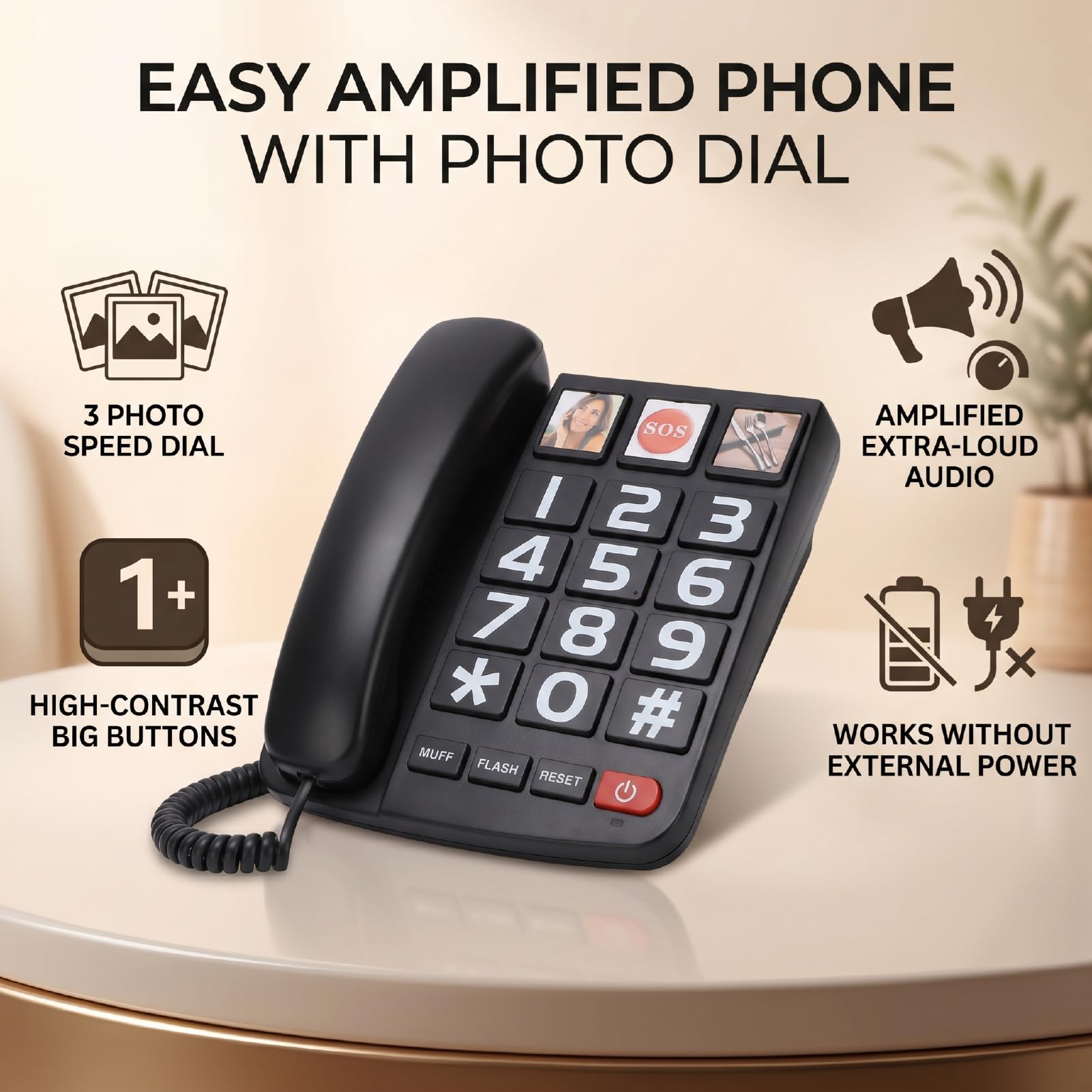 Tangxi Telefono Fisso, Telefono con Filo con Pulsanti Grandi, Altoparlante e Suoneria, 3 Chiamate Rapide con Foto, Memoria di 10 Numeri, Vivavoce, Suoneria Visiva, per Anziani e Non (BLACK)