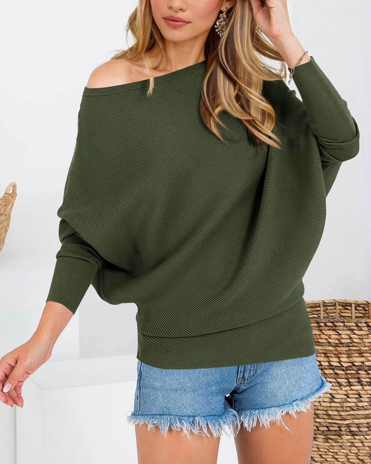 Zenlonr Women's Fall Sweaters 2026 Casual Long Batwing Sleeve Loose Off Shoulder Knit Pullovers Jumper Tops - Image 2