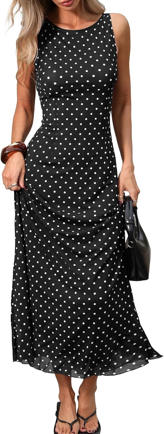 ELLEVEN Women’s Polka Dot Maxi Tank Dress, Sleeveless Boat Neck Bodycon Slim Fit Elegant Long Dress