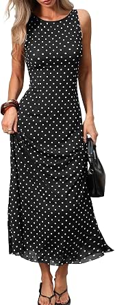 ELLEVEN Women’s Polka Dot Maxi Tank Dress, Sleeveless Boat Neck Bodycon Slim Fit Elegant Long Dress