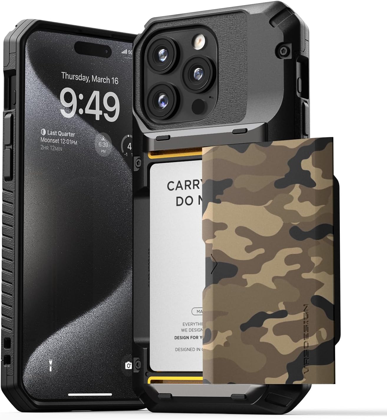 VRS DESIGN Compatible with iPhone 15 Pro Max Case with Card Holder [Damda Glide Pro], Sturdy Semi Auto 4-Card Slot, High Durability & Style Designed for iPhone 15 Pro Max (2023) Camo Khaki