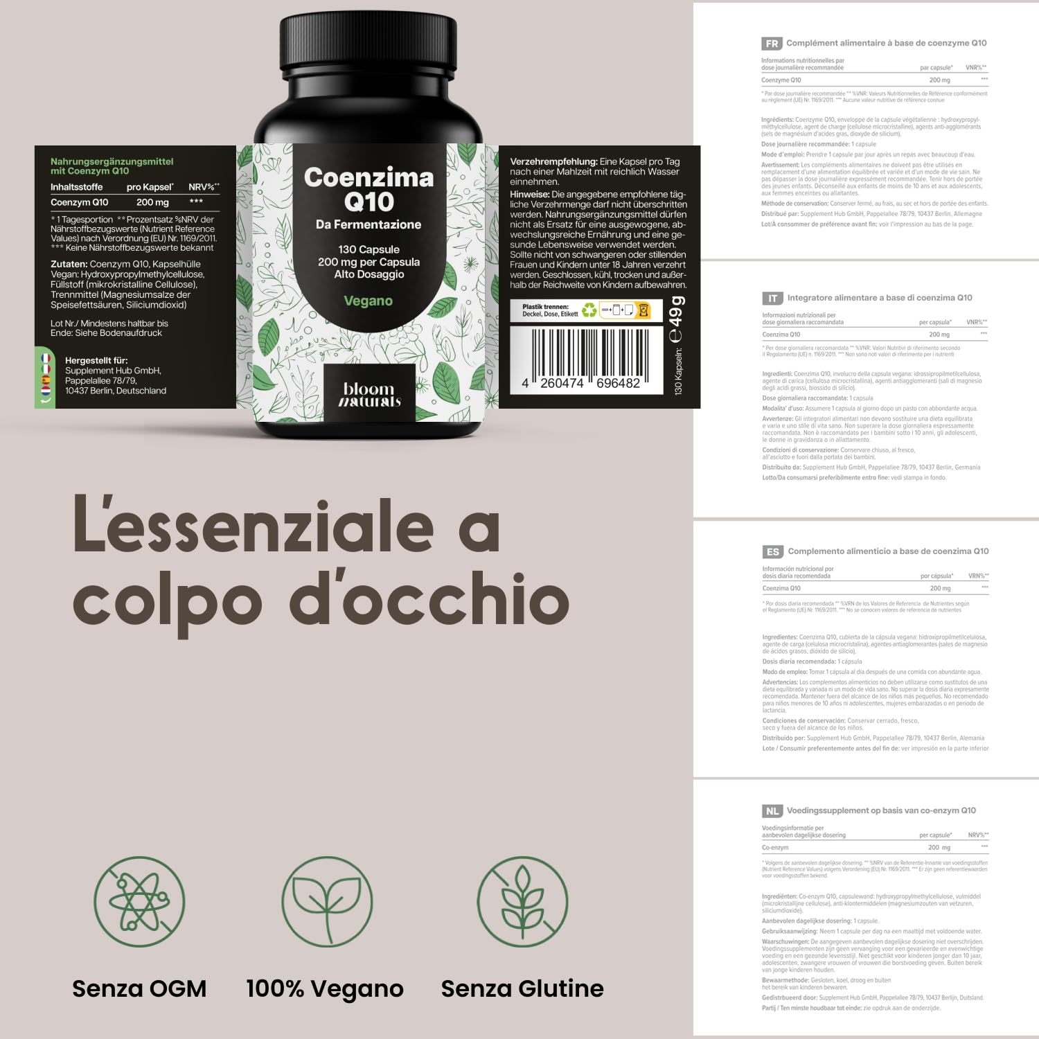 Coenzima Q10 Integratore – 130 Capsule – 200 mg per Capsula – Q10 Coenzima da Fermentazione – Vegano – Prodotto in Germania – Integratore Alimentare - Coq10 200mg Testato in Laboratorio