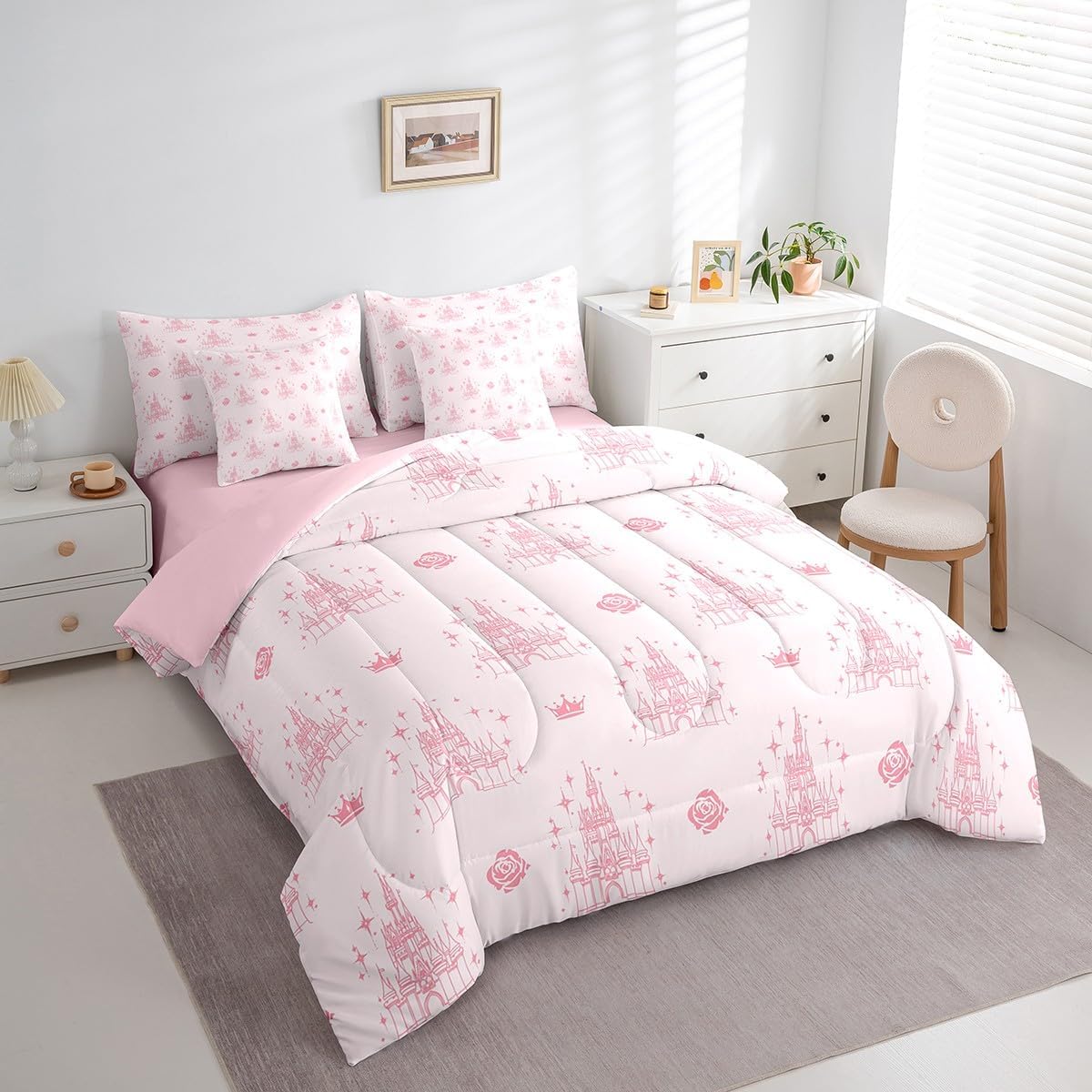 Manfei 7 Pieces Dreamy Castle Comforter Set Queen Size, Pink Floral Crown Print Bedding Set, Cute Magical Princess Bed in A Bag with Comforter,Sheets and Pillowcases, Kids Girls Room Decor, Soft