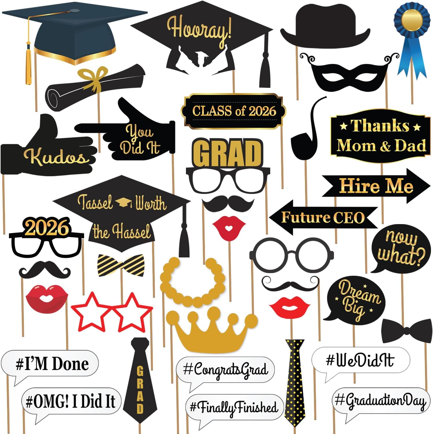 KatchOn, Graduation Photo Booth Props - Pack of 40 | Black and Gold Grad Photo Props, Graduation Decorations 2026 | Congrats Grad Props for Photoshoot 2026, Class of 2026 Decor | Grad Party Supplies