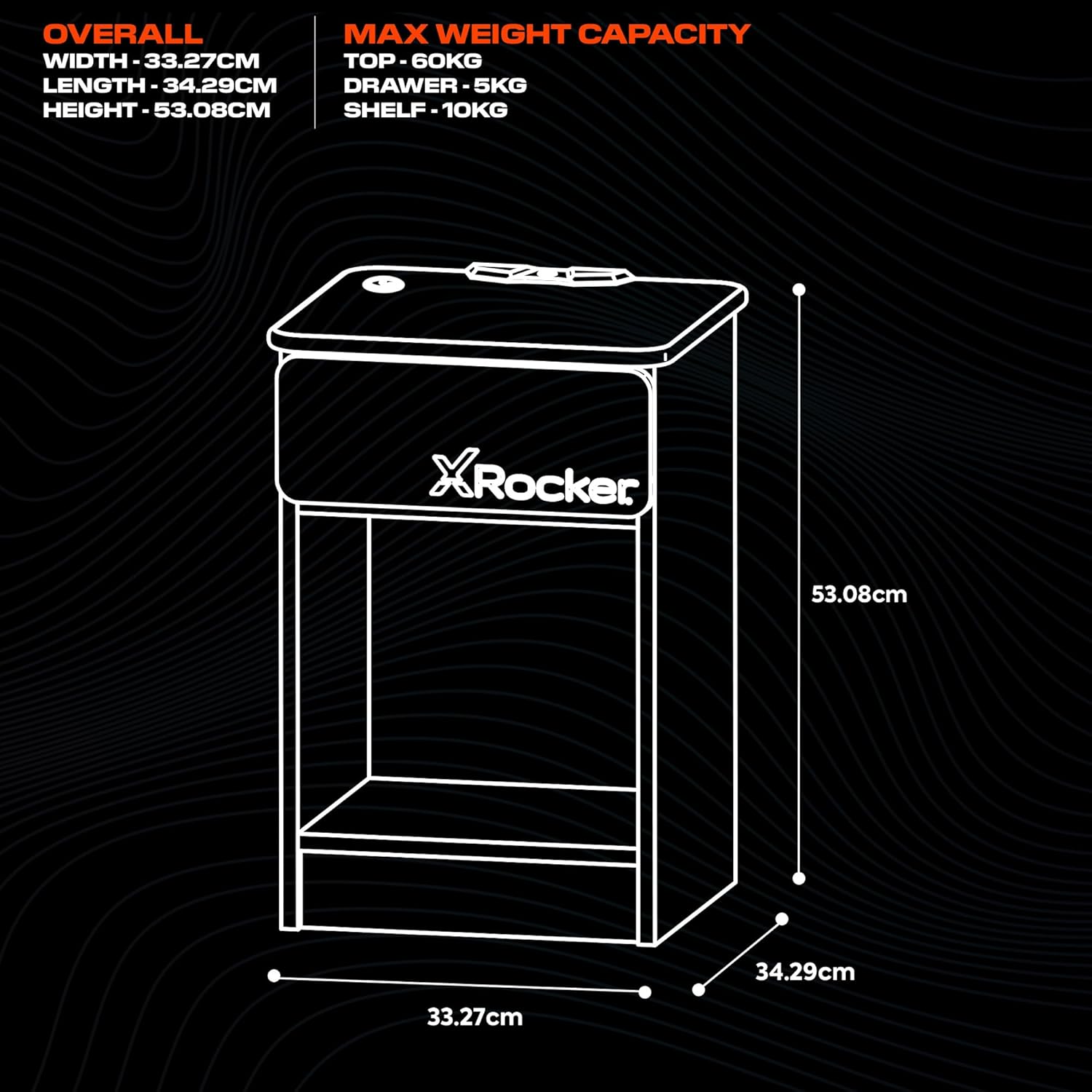 X Rocker Carbon-Tek Gaming Bedside Table with Built-in Wireless Charging Pad and Multi-Color LED Lighting, Single Sided Cabinet End Table with Drawer and Storage Shelf - Grey Carbon Fiber Effect