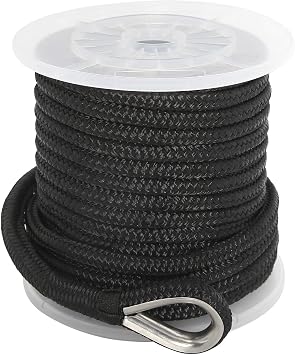 NovelBee 1/2 Inch X 150 Feet Double Braid Nylon Anchor Line with Stainless Steel Thimble and Plastic Chuck