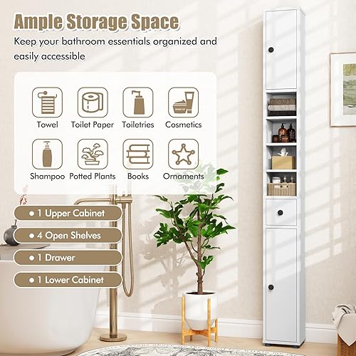 Miniatura 4 de Giantex Armario de Almacenamiento Delgado para Baño - Gabinete de Piso Alto y Estrecho de 71" con 2 Puertas, 5 Estantes Ajustables, 1 Cajón,