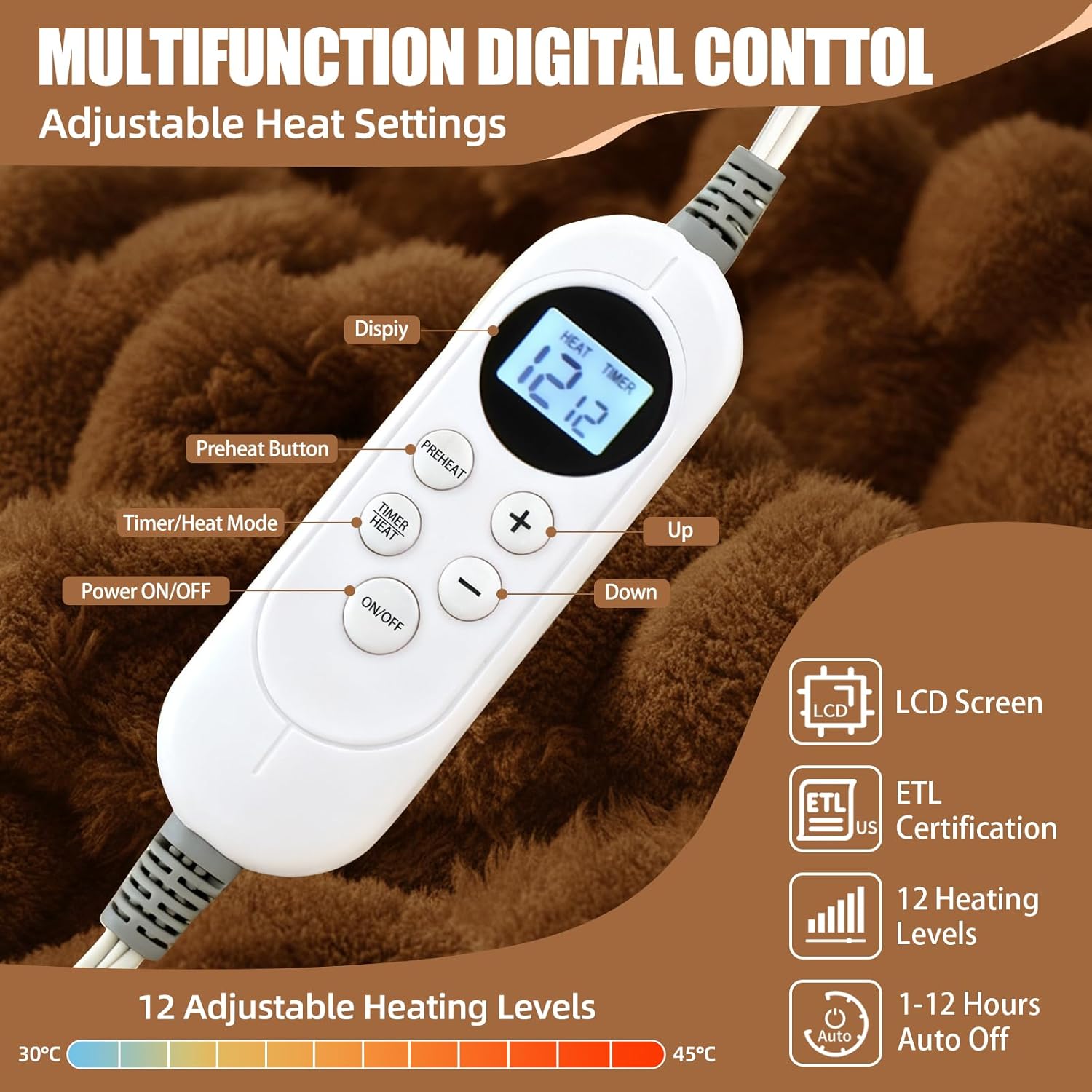 Heated Blanket Electric Blanket Heating, Dual Control Soft Ribbed Faux Fur Electric Blanket with 12 Heat Levels 12H Timer ETL FCC Certified Machine Washable (Camel, King Size - 90" x 100") Camel King Size - 90" x 100"