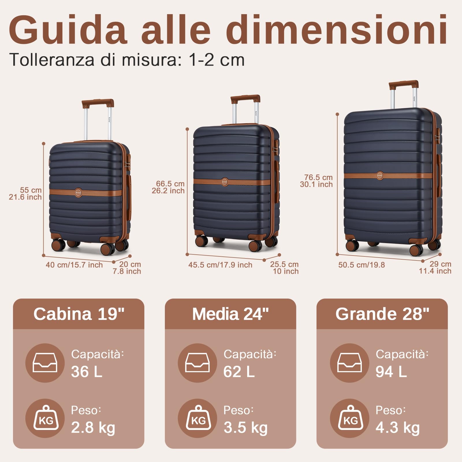 KONO Valigia Media Rigida 20 kg ABS+PC Trolley con 8 Ruote Leggero (65,6 cm, Marina Militare/Marrone)