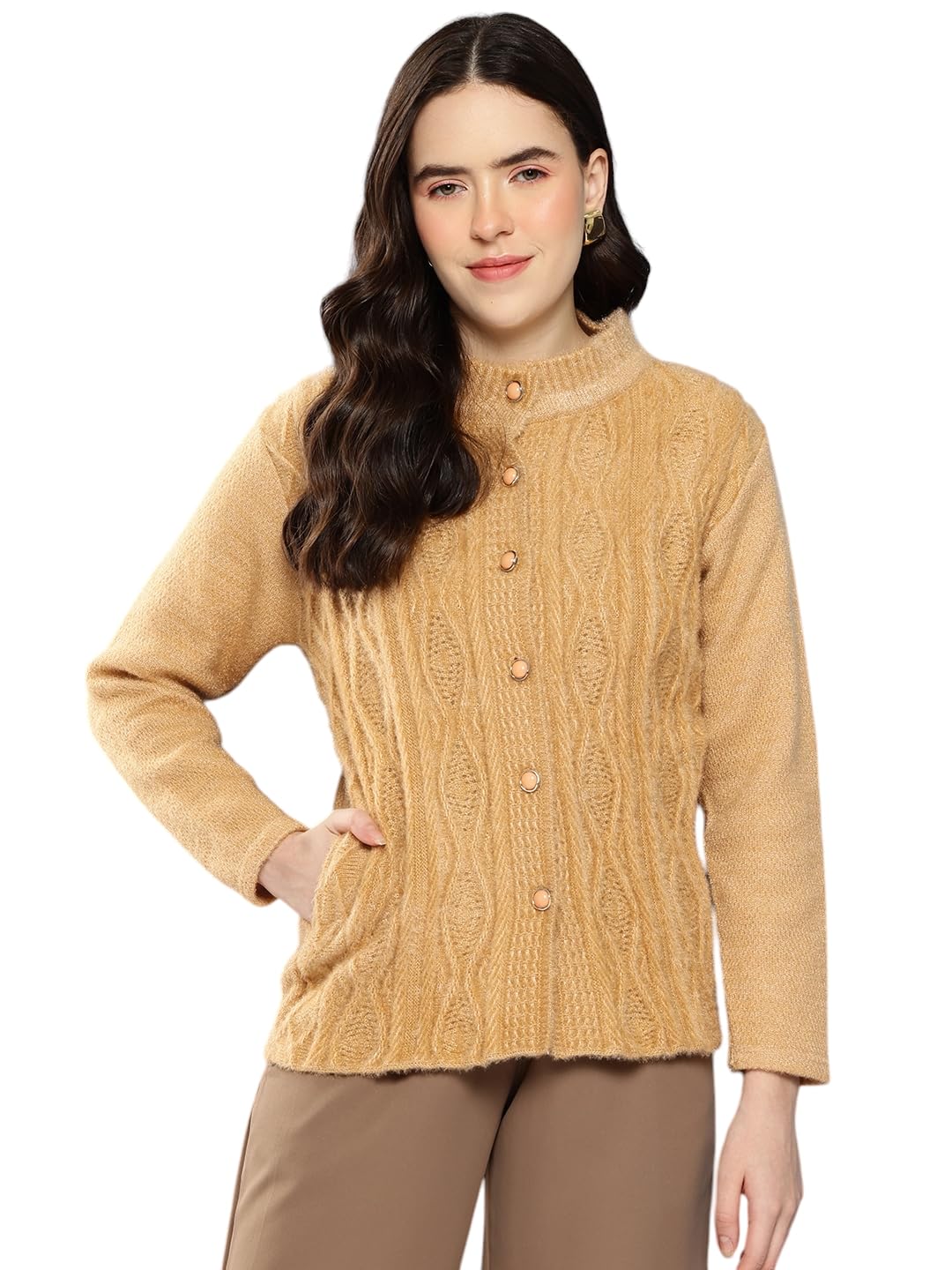 Womens Winter Wear Beige Colour Solid Woolen Cardigan-image-22