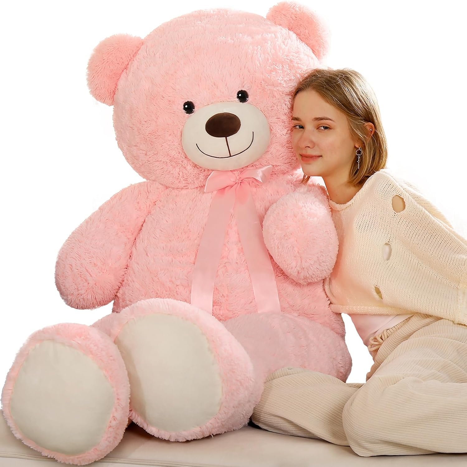 Tezituor 52 Inch Giant Teddy Bear Stuffed Animal, Pink Big Teddy Bear Plush Toys for Girlfriend, Kids, Life Size Large Bear Plushies Gift for Valentines Day, Christmas, Birthday