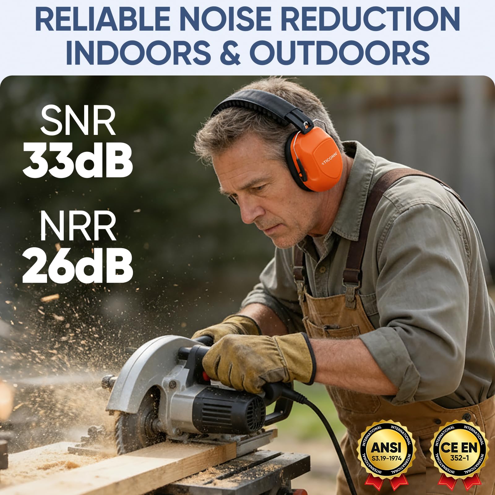 TICONN Noise Cancelling Ear Muffs for Adults, SNR 33dB Hearing Protection, Adjustable Safety Earmuffs for hunting, Construction (Bright Orange) view 2