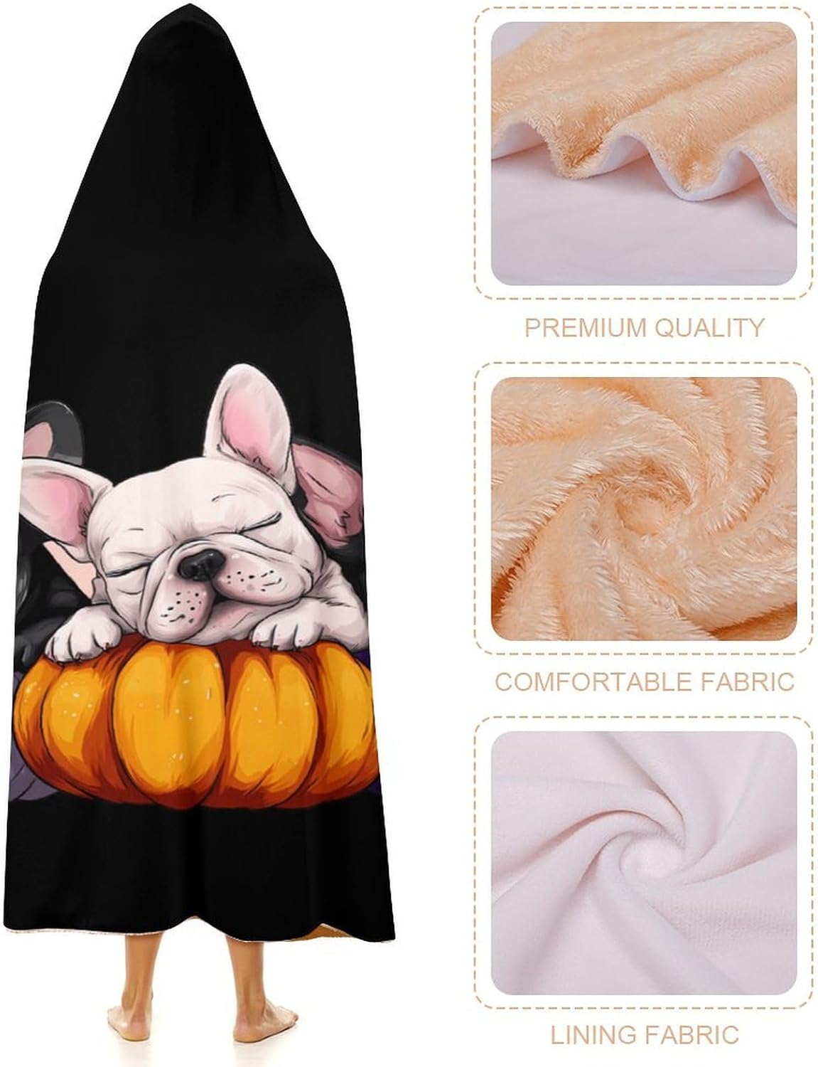 French Bulldog Pumpkin Wearable Blanket Oversized Throw Cape | Cozy Hooded Blanket Gifts for Women Men