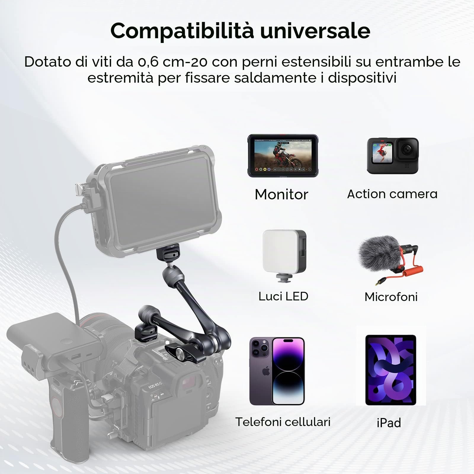 SMALLRIG Rosette Magic Arm 11 Pollici con Testa a Sfera, Viti da 1/4"-20 e Perni Anti-torsione, Capacità di Carico Massima 3 kg per Monitor/Luci LED/Smartphone/Fotocamere d'Zione - 3959