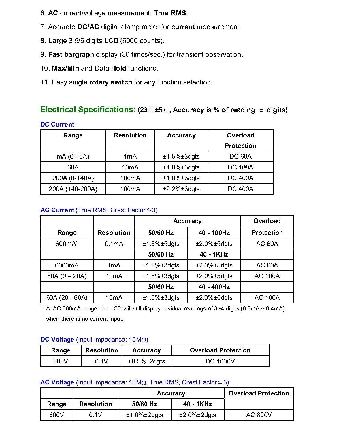 PROVA 11 Pro Multimètre Pince mA AC/DC Haute Précision 6000 comptes Vrai RMS Pince Mètres Ampèremètre Multimètre Ampèremètre Voltmètre Pince Multi-Testeurs avec Mesure de Température