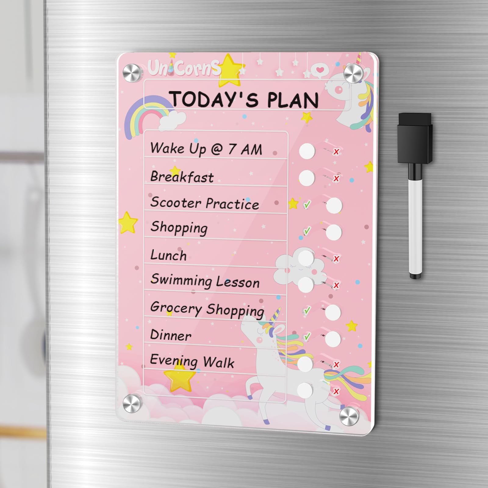 Photo 1 of NiHome Acrylic Magnetic to Do List Planning Board with Sliders & Desktop Stand, Kids Chore Chart, Checklist Routine Chart Task Board for Fridge & Desk, for Magnetic Metal Surfaces Only (Pink Unicorn)