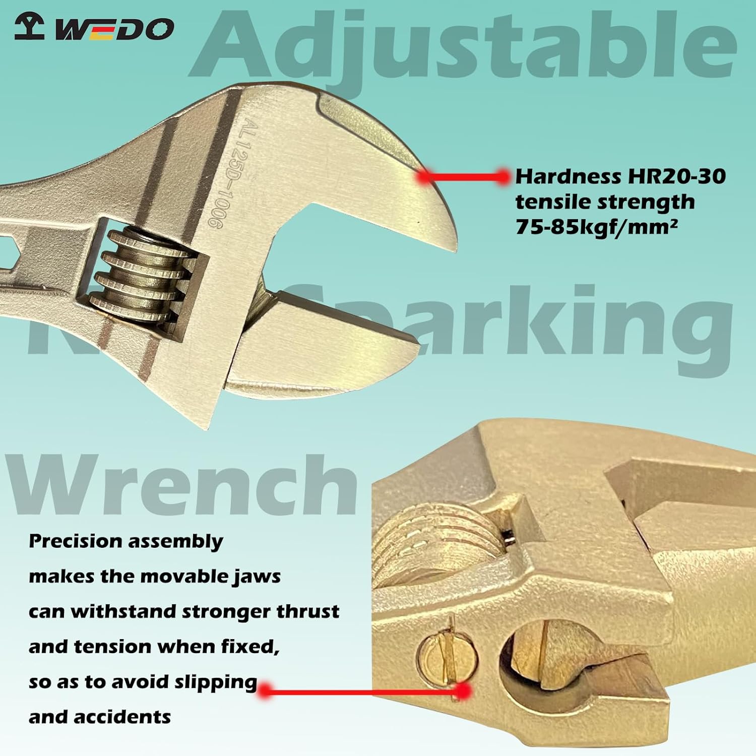 WEDO Non-Sparking Adjustable Wrench with Ergonomic Grip,Wide Jaw Opening Plumbing Wrench,Adjustable Spanner,Size 30 * 250mm,Aluminum Bronze,DIN Standard,BAM&FM Certificate