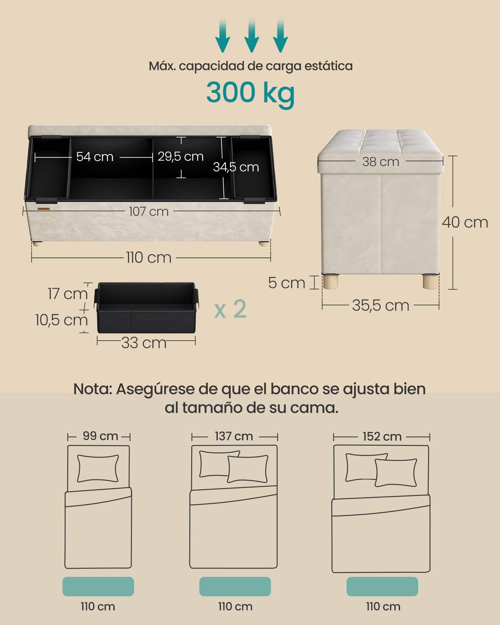 SONGMICS Puff Almacenaje, Banco Plegable, 38 x 110 x 40 cm, Reposapiés, 112 L, Superficie de Terciopelo, para Dormitorio, Sala de Estar, Dormitorio, Beige Capuchino LSF0518W02