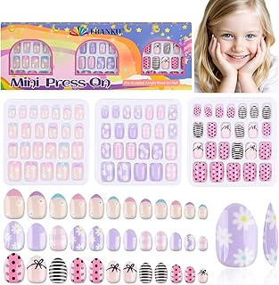 72 Pieces Press on Nails for Kids, EBANKU 3 Pack Kid Fake Nail Kit Purple Flower Black Streak Press on Nails for Girls 7-12 Years with Jelly Nail Adhesives