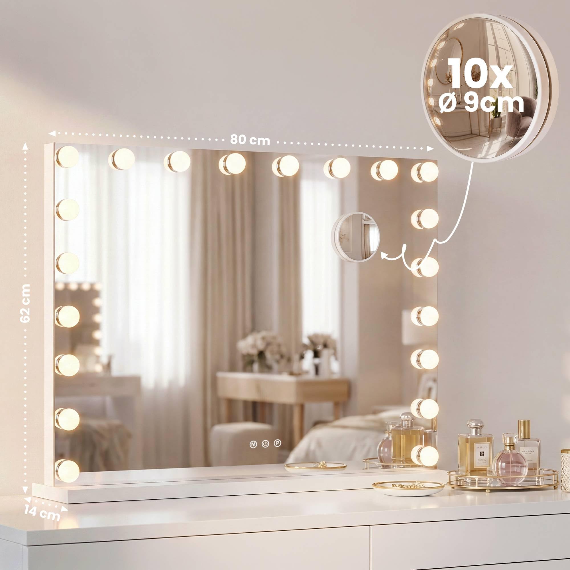 CLP Espejo de Maquillaje con Iluminación 80x60 cm Norlina, Altavoz Bluetooth, USB, Estilo Hollywood, Montaje en Pared o de Pie, Color:Blanco, Contenido del Set:con Bluetooth