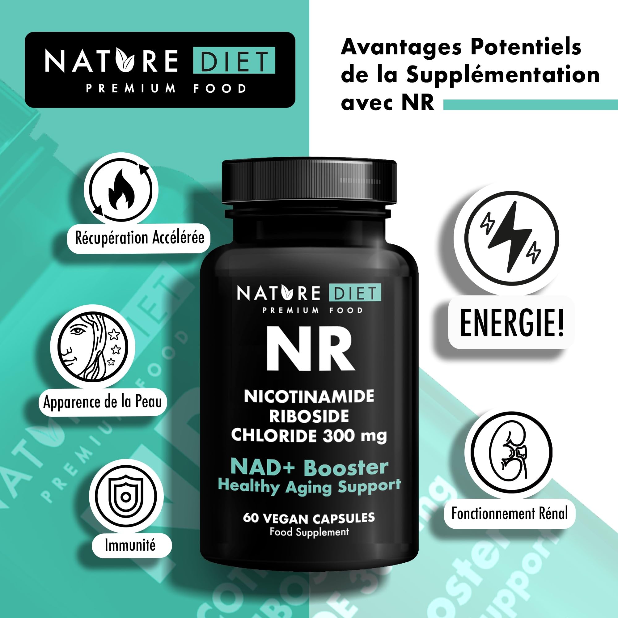 Nature Diet NR - 300 mg de Riboside de Nicotinamide - NAD+ Booster - 60 Capsules Végétaliennes - Soutien au Vieillissement Sain - La Vitamine de la Jeunesse
