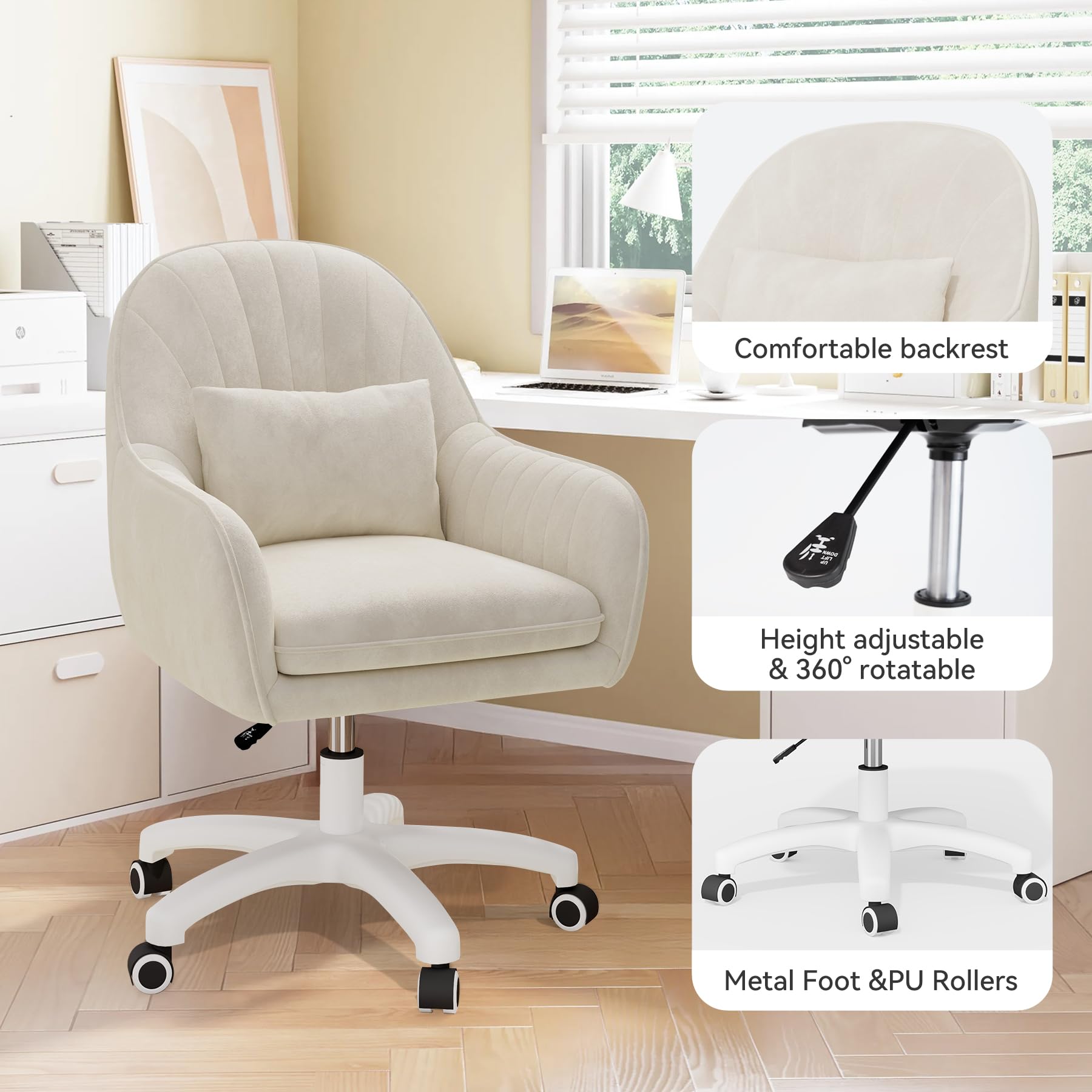 Homeoffice Stuhl, SamtStuhl mit Kopfkissen, 360° drehbar Höhenverstellbar Bürostuhl ergonomisch, Schminkstuhl Drehstuhl，für Arbeitszimmer Schlafzimmer,bis 120kg belastbar Beige