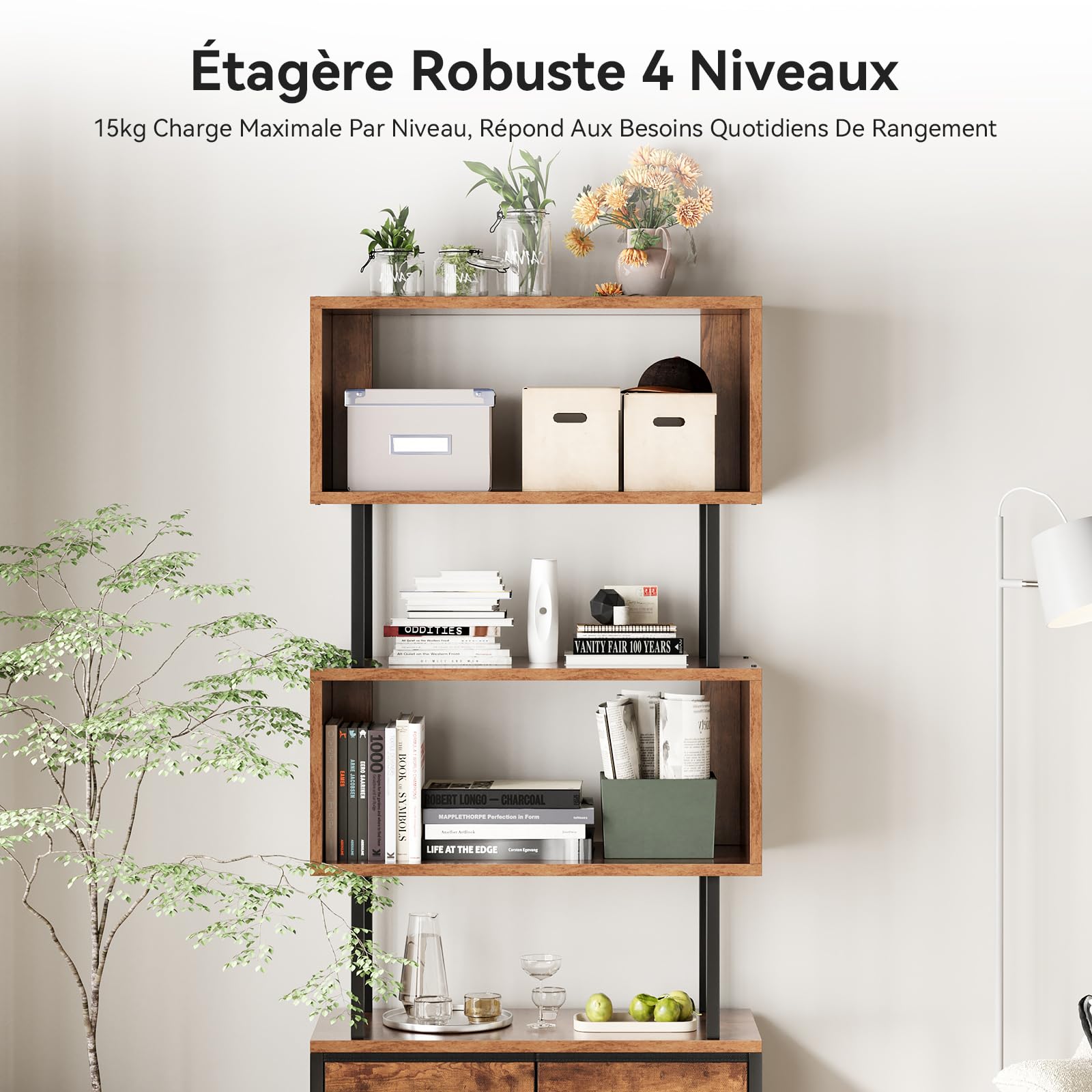 Coleshome Bibliothèque 5 Niveaux 3 Tiroirs, Étagère, 155cm, Retro