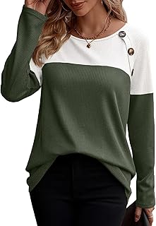 Zeagoo Women Waffle Knit Shirts Long Sleeve Colorblock Tee Button Detail Tunics