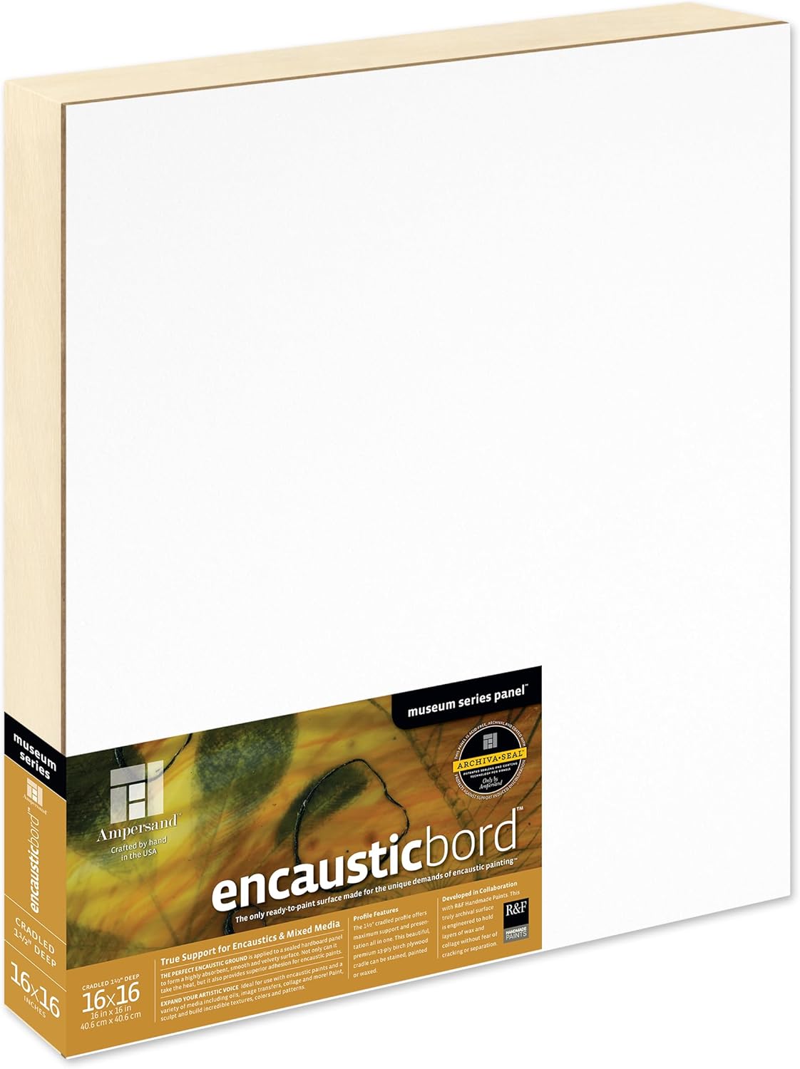 Ampersand Art Supply Museum Series Encausticbord | 16"x16" | 1-1/2" Cradled Profile | Encaustic Painting & Mixed Media Artist Panel | Velvety Drawing Surface
