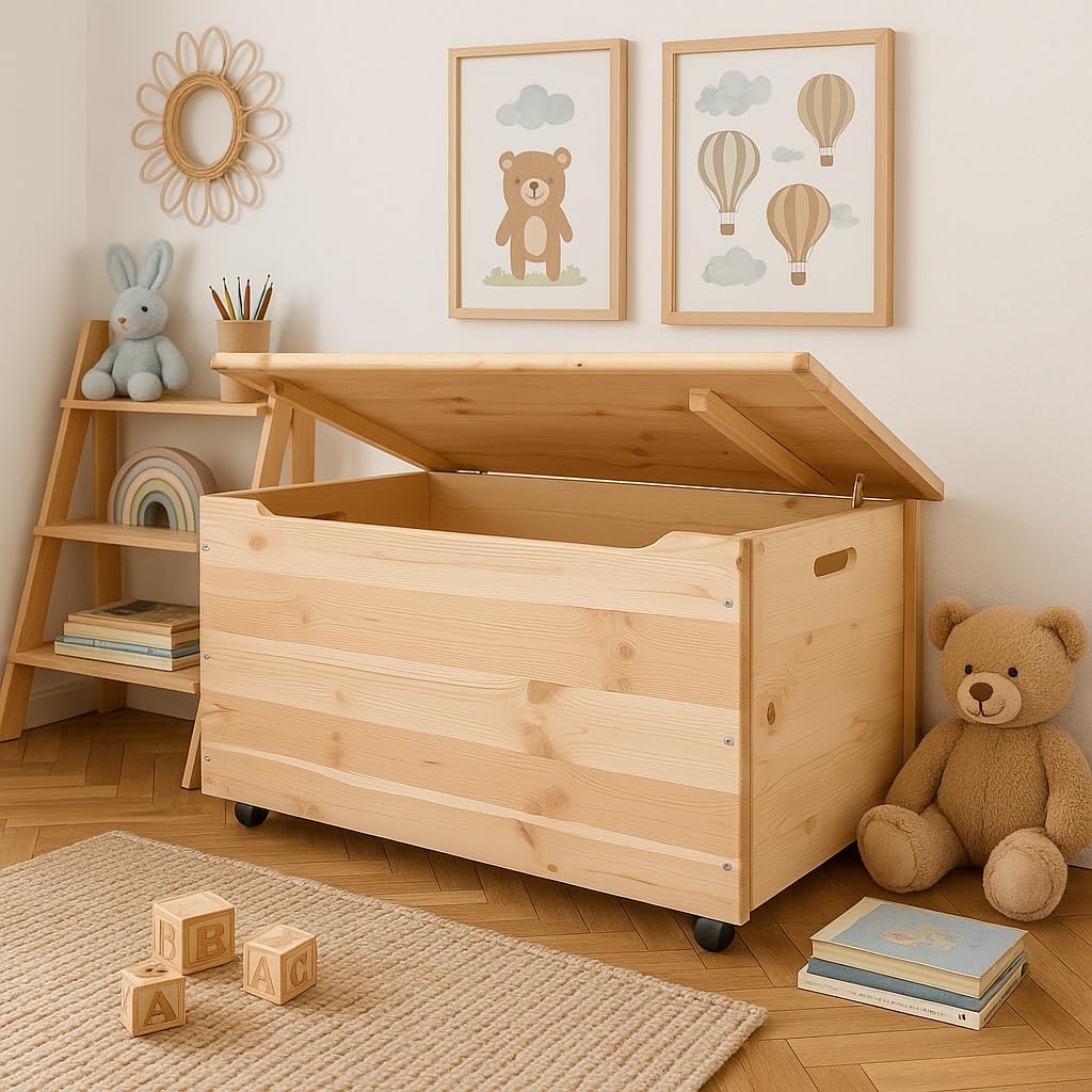 Pinus Spielzeugkiste 90x48x51 cm mit Deckel Rollen Kinderzimmer Natural | Kiefernholz, große Aufbewahrung, für Spielzeug Decken Kuscheltiere, 4 Rollen, niedrige Höhe, leichtes Einräumen