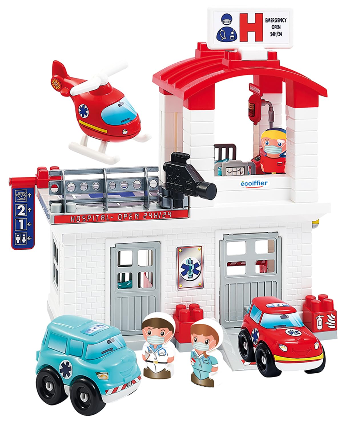 Ecoiffier - Set di 65 mattoncini da Costruzione, con Elicottero, Auto Giocattolo, Medico, Sorella, per Bambini dai 18 Mesi in su