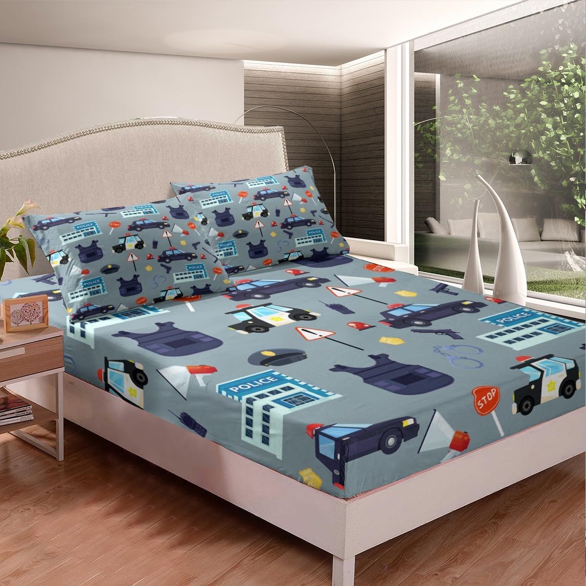 Cartoon Police Cars Kid Fitted Sheet Full Size,American Police Office Policeman Bedding Set,Girls Boys Men Room Decor,Western Theme Bed Cover,Blue Fashion Bed Sheet,2 Pillowcases