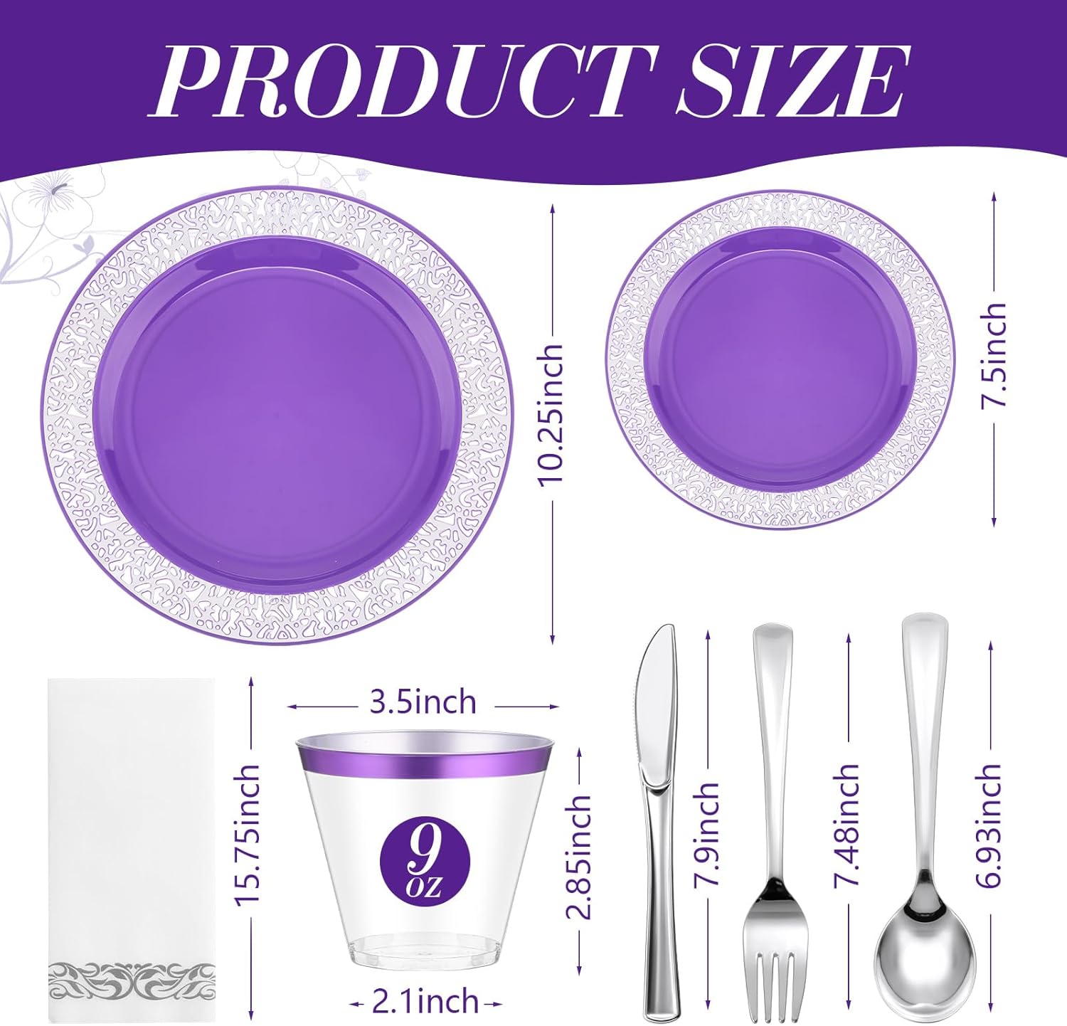 Norme 350 Pcs Purple Silver Plastic Dinnerware Set for 50 Guests Includes 50 Dinner Plates 10.2", 50 Plates 7.5", 150 Silverware Set, 50 Plastic Cups and 50 Napkin Disposable Plate for Wedding