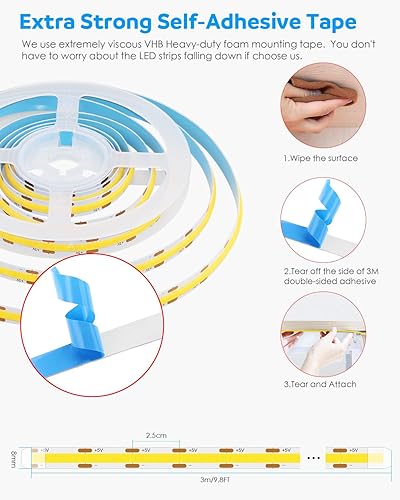 Miniatura 6 de Aclorol Tira de luces LED COB de 5 V, 6000 K, color blanco frío, tira de luces LED USB de 10 pies para dormitorio, 0.315 in de ancho, cuerda