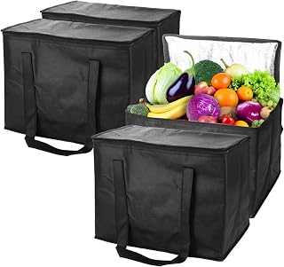 4 Pack Large Insulated Reusable Grocery Bags with Zipper and Handles Foldable, Washable, Heavy Duty Cooler Totes for Hot & Cold Food Delivery, Groceries, Travel, Shopping