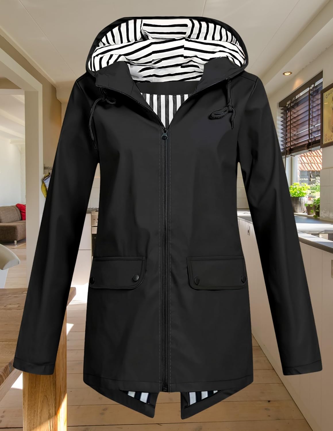 LIZALIG Womens Jacket Long Waterproof Striped Lined Lightweight Windbreaker With Hood Zip Up Rain Coat