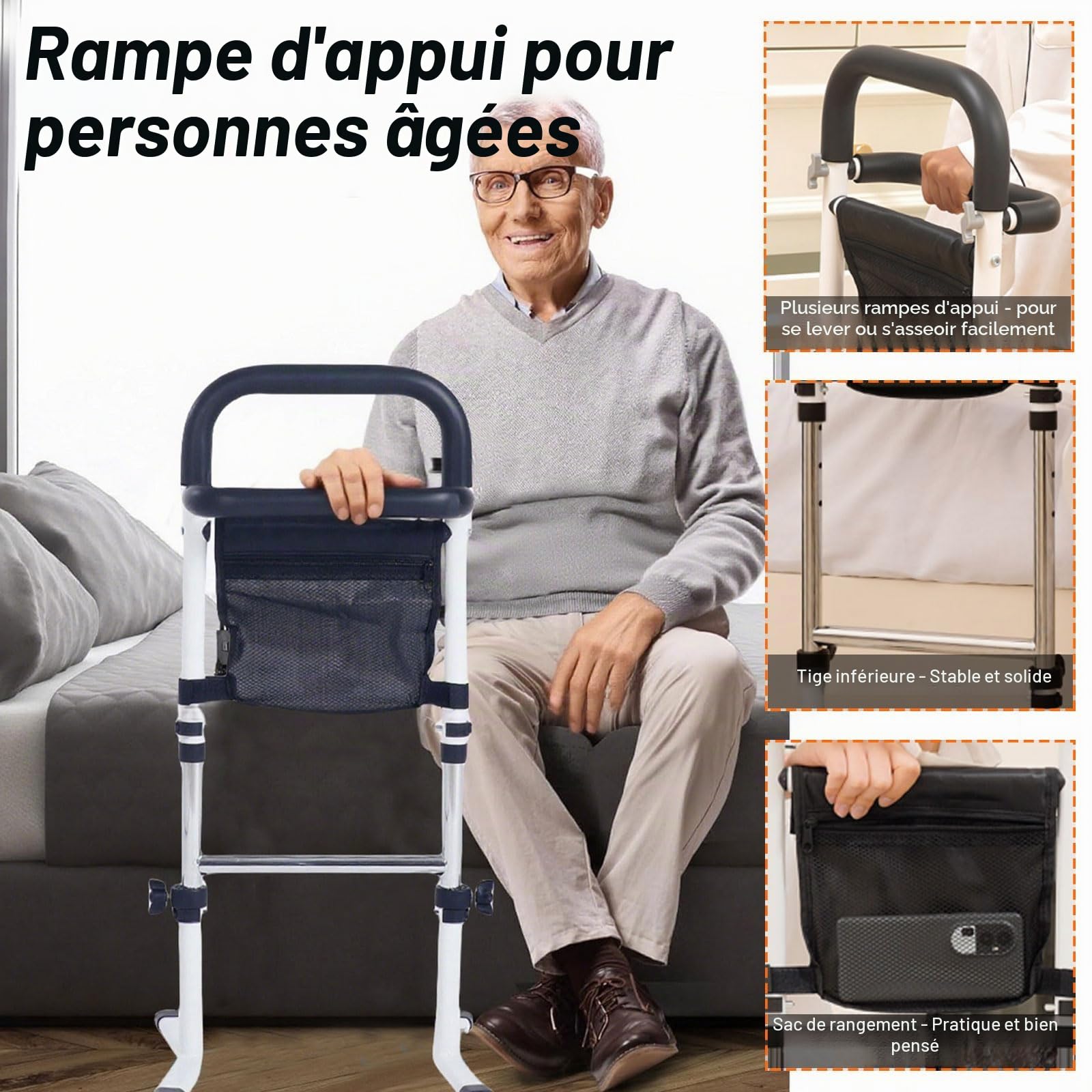 Barriere de Lit Adulte,Potence de Lit avec Potence 5 Niveaux Réglable(72 à 87cm),Aide à la Station Debout pour Personne âgée avec accoudoirs latéraux,Aide à la mobilité et au Quotidien,Capacité 150kg