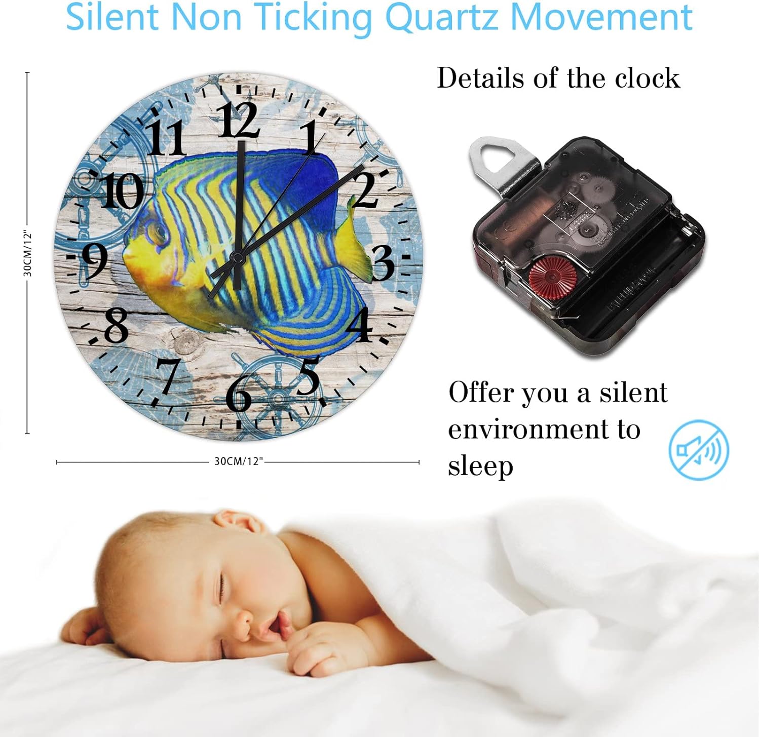 Wall Clocks Fish Indoor Clocks Quartz Analog Quiet Arabic Numeral Ocean Waves Coastal Theme Round Clock for Home Office 12 Inch