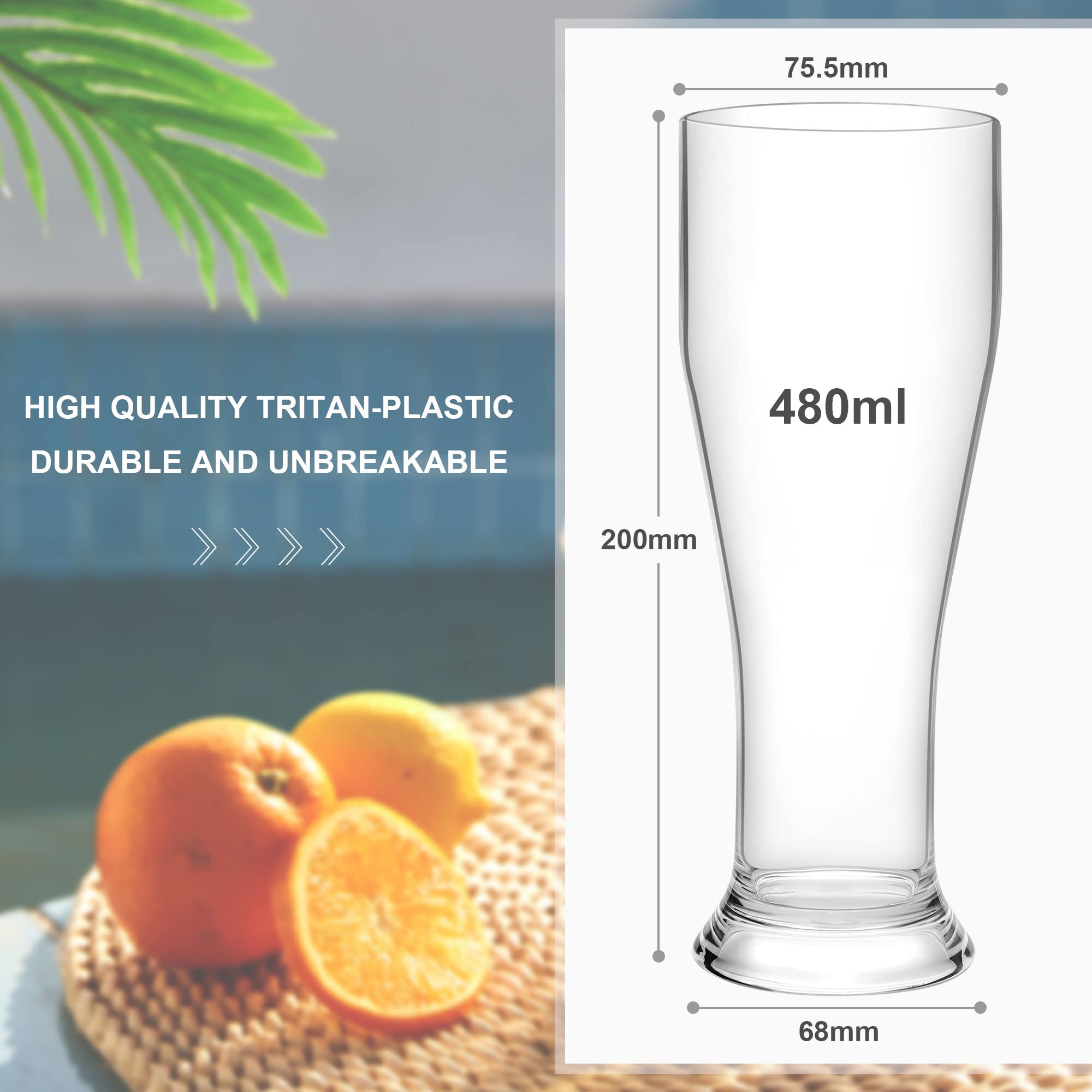 Cerveza Trigo Vasos de pinta Irrompible Tritan-Plástico Grandes Juegos de Vajillas Único Para Fiesta Perfecto Para Piscinas Camping Picnics lavavajillas 480 ML/16.8 OZ,Juego De 4