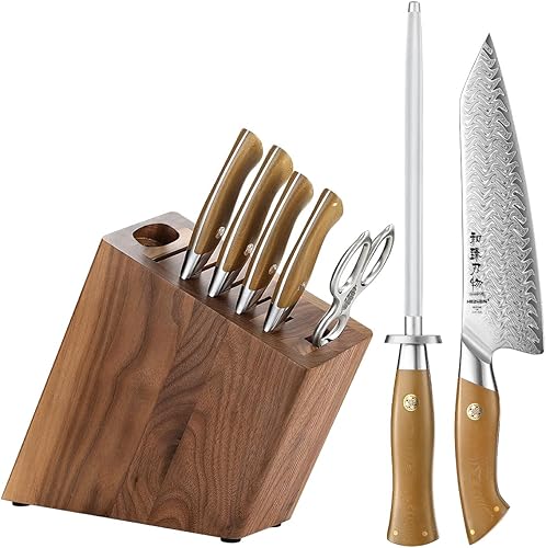 HEZHEN Juego de cuchillos de 8 piezas, juego de cuchillos de acero de Damasco de 67 capas con bloque, barra afiladora de tijeras de cocina, juegos