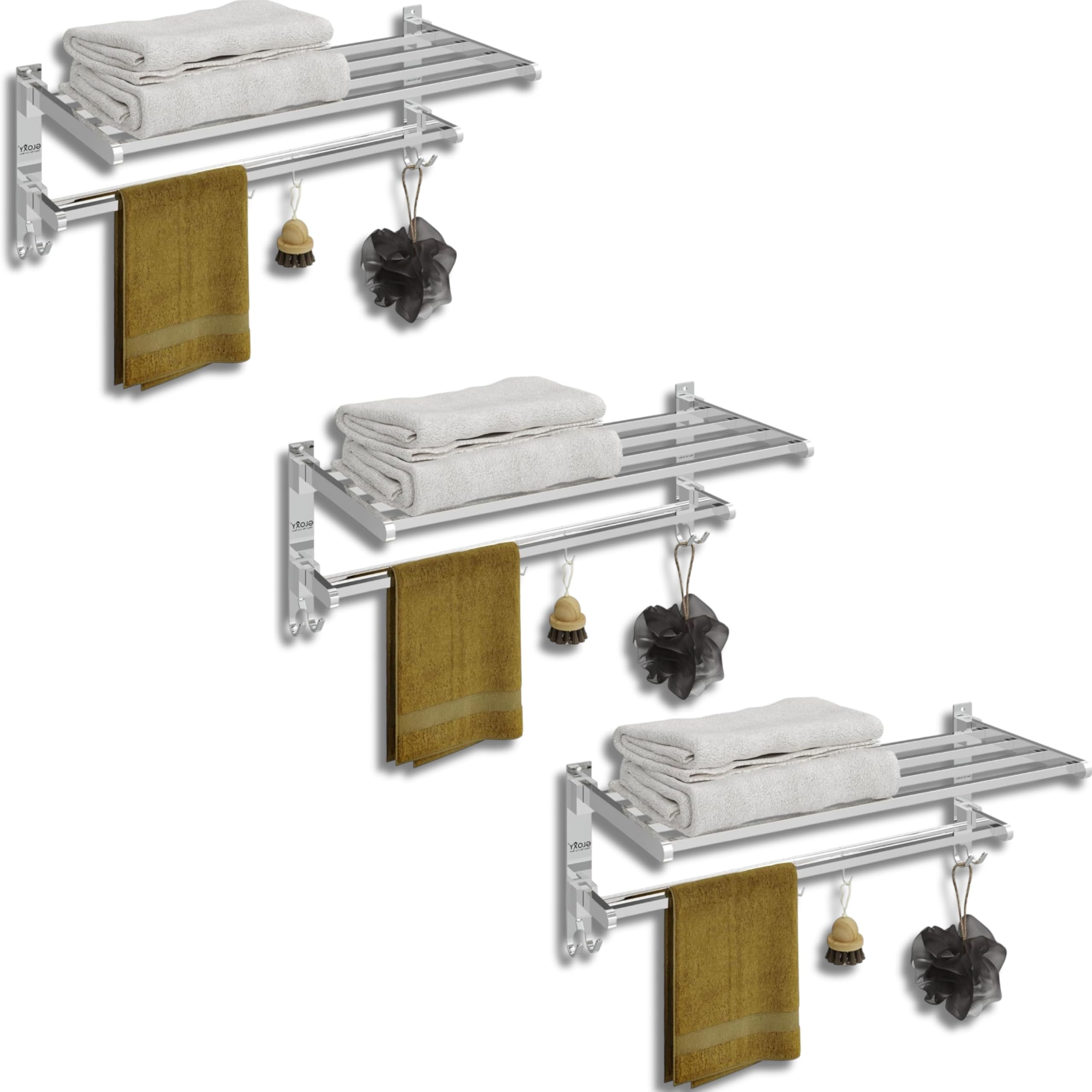 Gloxy Stainless Steel Folding 24 Inches Towel Holder in Bathroom - Bathroom Hangers for Clothes - Bathroom Towel Hanger for Wall - Perfect Bathroom Accessories Set for Home (Chrome Finish,Pack of 3) discount deal