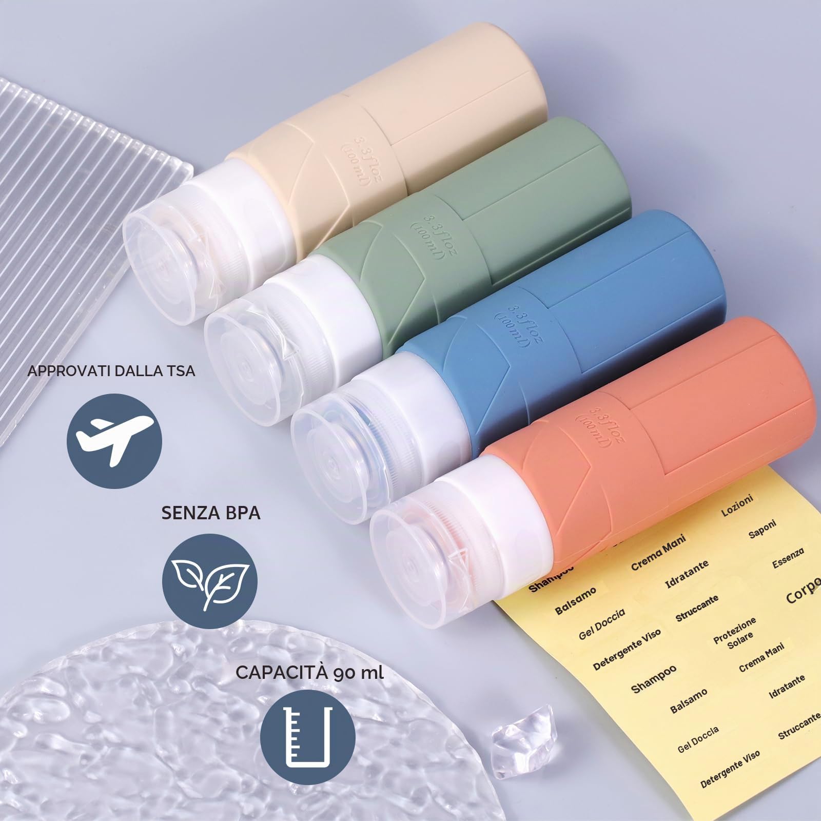 FADVAN Set Contenitori da Viaggio per Liquidi - 4pcs Flaconi da Viaggio in Silicone 100 Ml - Boccette per Porta Profumo,Doccia Shampoo,Detersivo, Accessori Utili (Morandi)