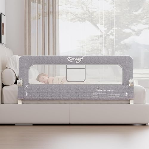 Kincongi Riel de cama para niños pequeños, rieles de cama basculantes de 150 cm con base en forma de U más ancha, protector de cama transpirable