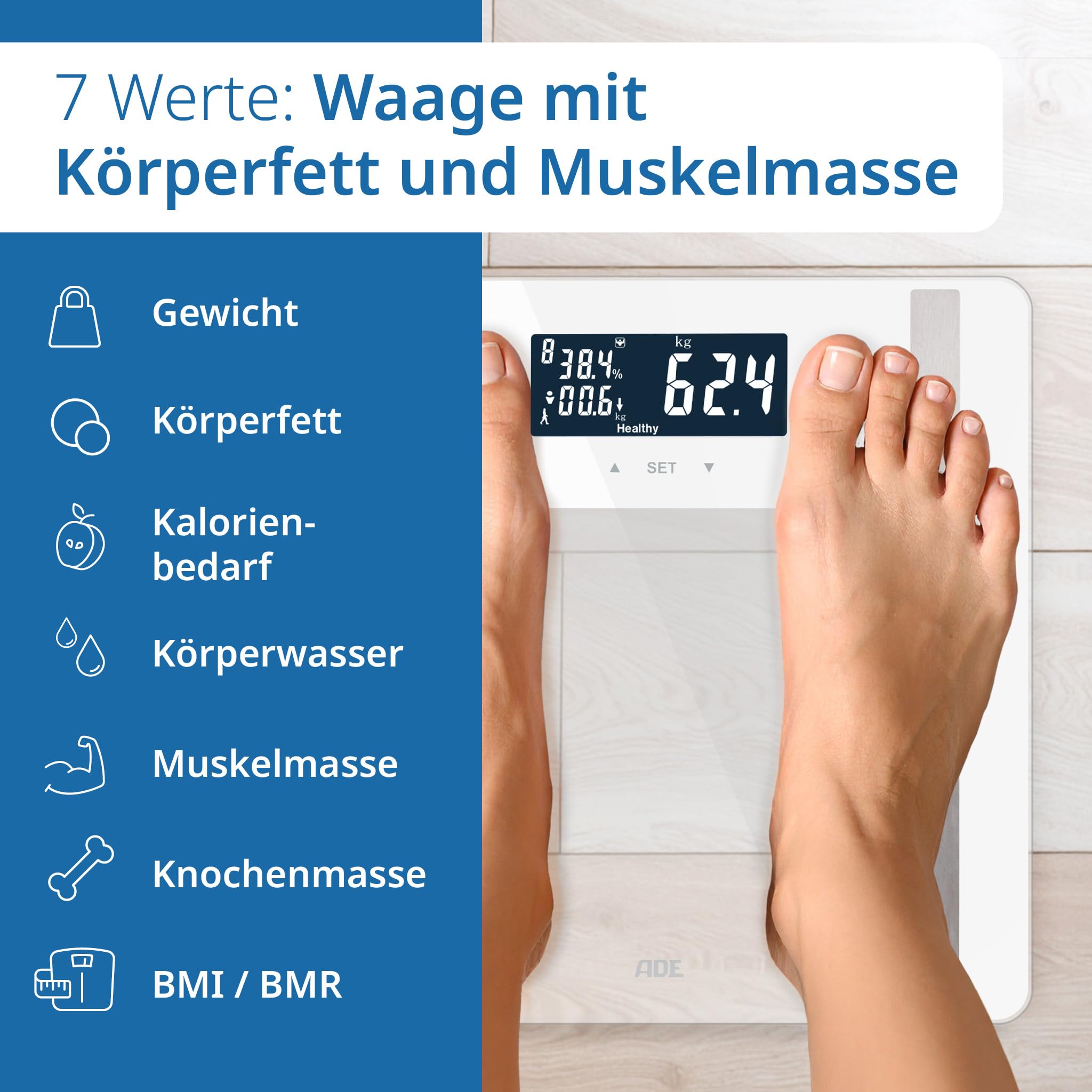 ADE Digitale Körperfettwaage Ines bis 200 kg | Testsieger 2024 | Personenwaage mit Körperfettanalyse, BMI, Muskelmasse, Körperwasser, Gewicht, BMR | Körperwaage mit Benutzererkennung | weiß
